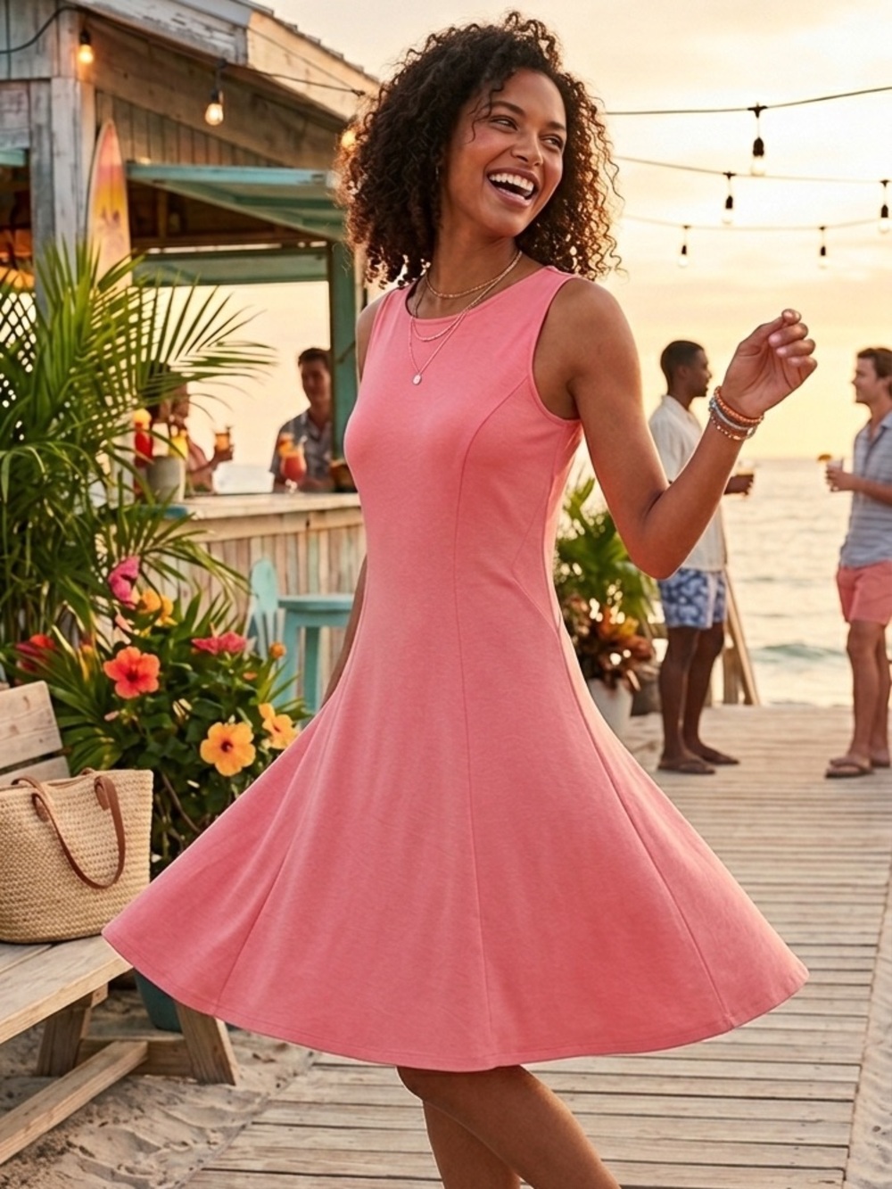 Coral Sleeveless Skater Dress Fit & Flare Classic Elegant